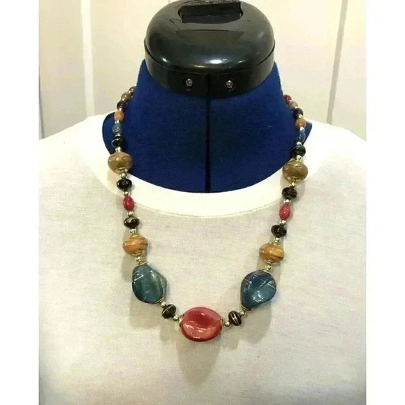 Vintage Unique Chunky‎ Beaded Necklace Multicolored Marbled Beads Grandmacore - Picture 1 of 15